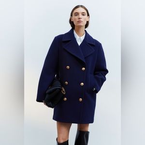 H&M Double-Breasted Coat Navy Blue Sz XS